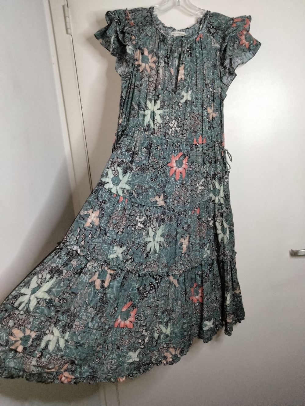 Ulla Johnson -Sz 8- Teal & Floral Flutter Sleeve Boho Chic Tiered Midi Dress